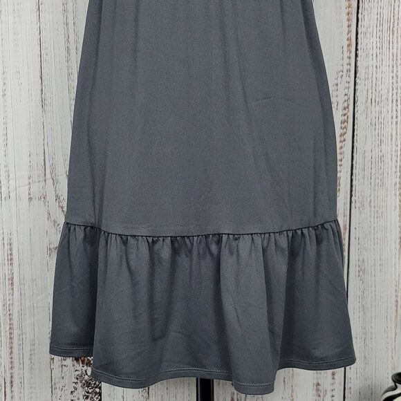 PINK ROSE Grey Scoop Neck Chic Drop Waist Short Sleeve Summer Ruffle Sun Dress - Picture 3 of 7